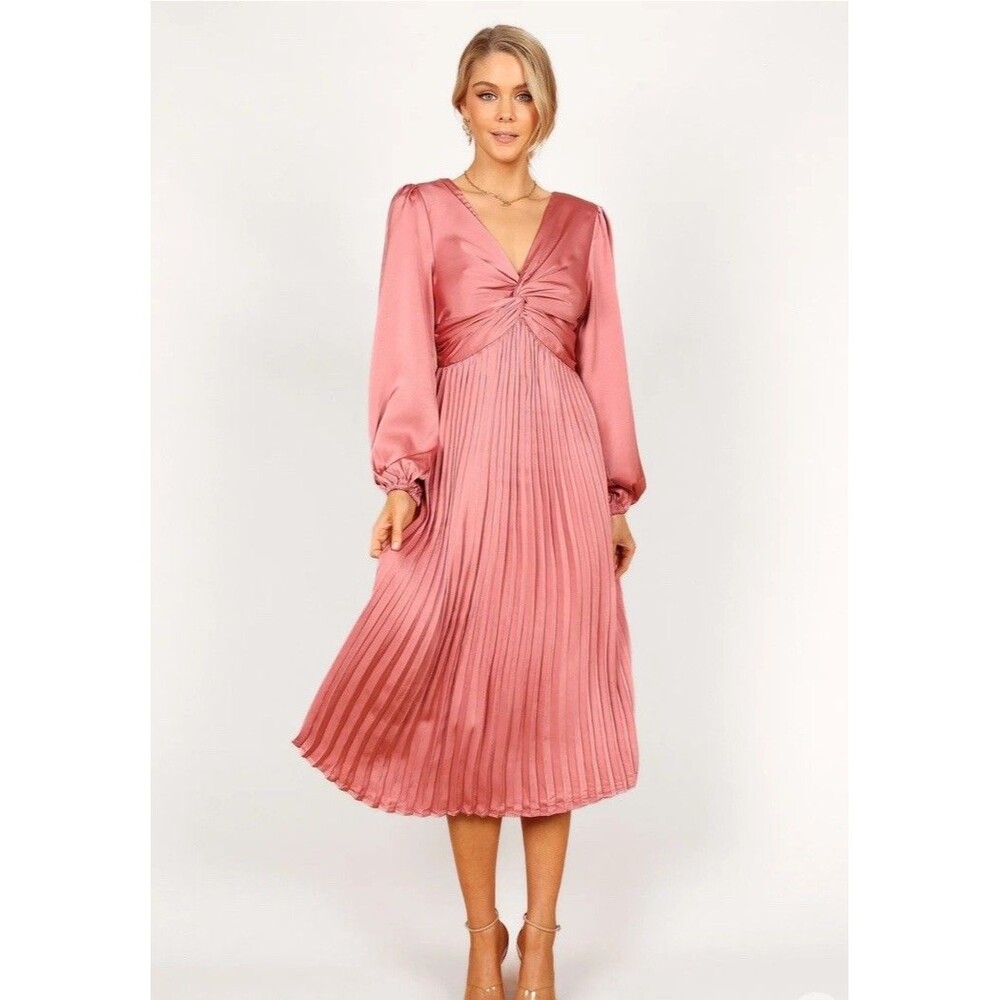 Petal & Pup Women's Noelle Twist Front Pleated Midi Dress Cocktail Size L Blush